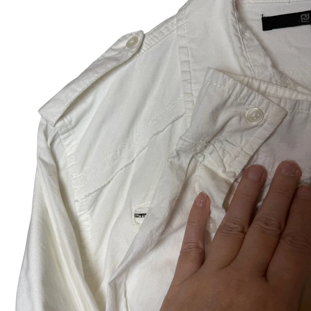 BLACK Mens M White Cotton Military Utility Pocket Button Up Shirt‎ Fray Seams